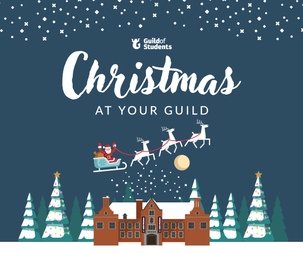 A graphic of a night sky with snow on the ground, santa flying over the guild building 