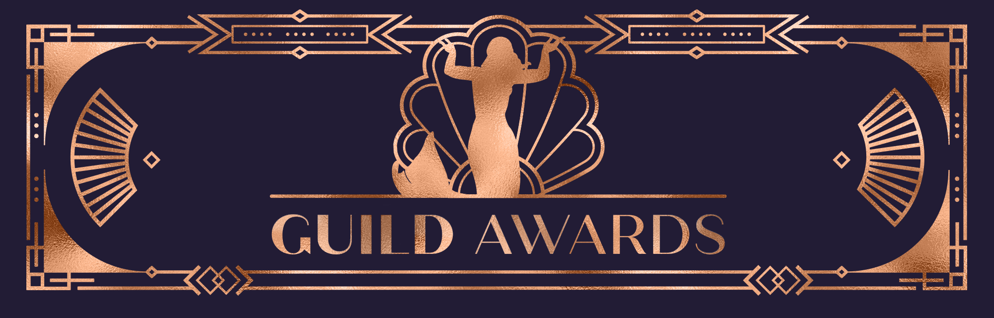 A blue background graphic with a gold outline that says Guild Awards with a gold mermaid in the middle