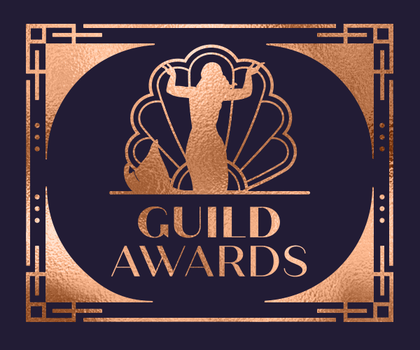 A blue background graphic with a gold outline that says Guild Awards with a gold mermaid in the middle