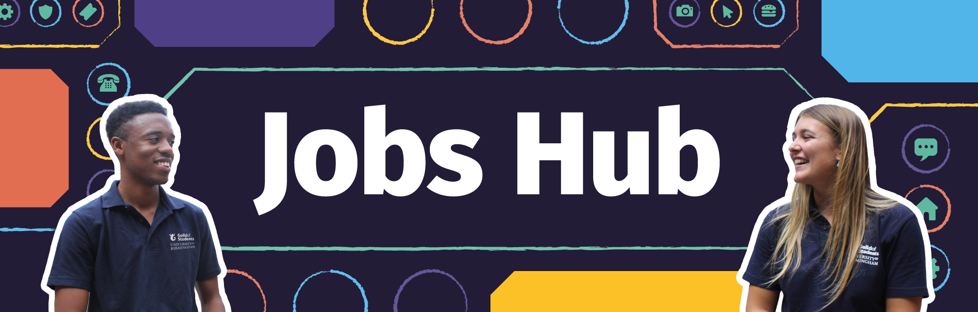 a blue background with 2 student staff members outlined with the words Jobs Hub