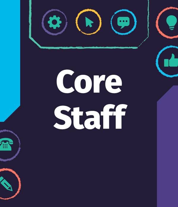 A blue background with the words Core Staff