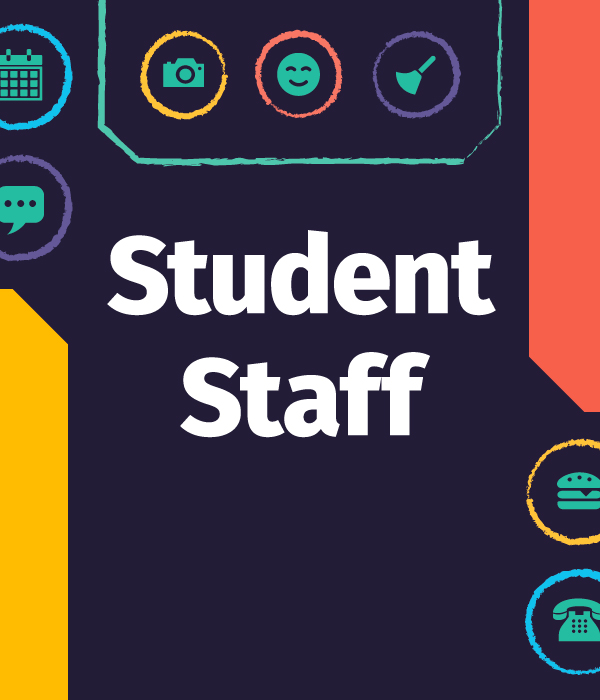 A blue background with the words Student Staff