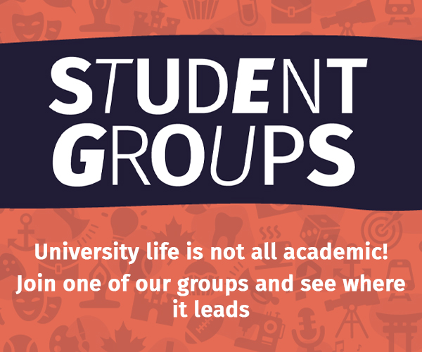 An orange background with group related icons that says Student Groups