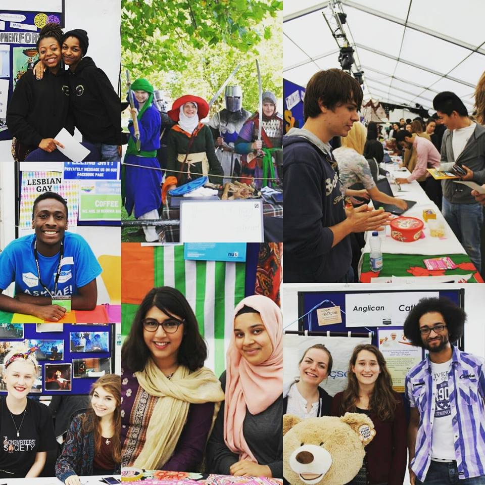 Image: Societies fair photo for student groups, examples of students walking around the socieites fair